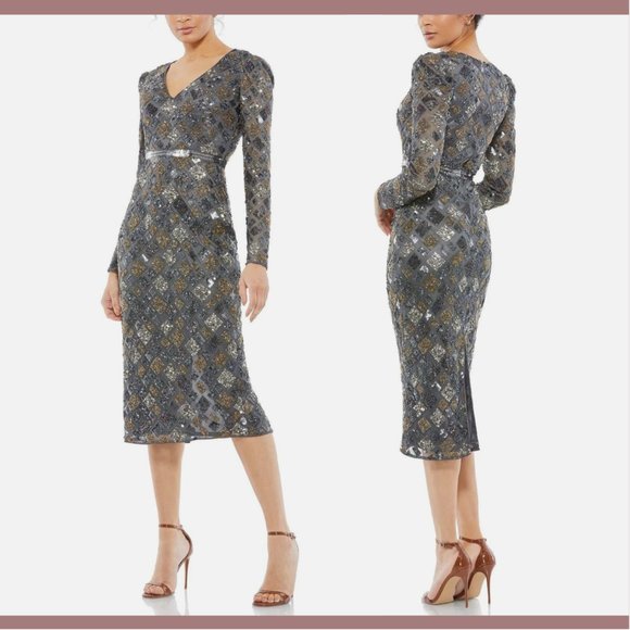 NWT‎ $498 Mac Duggal [ 16 ] Geo Embellished Midi Sheath Dress Charcoal Grey - Picture 2 of 14